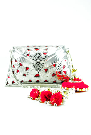 Silver metal Clutch with Red Tassles - Desi Royale