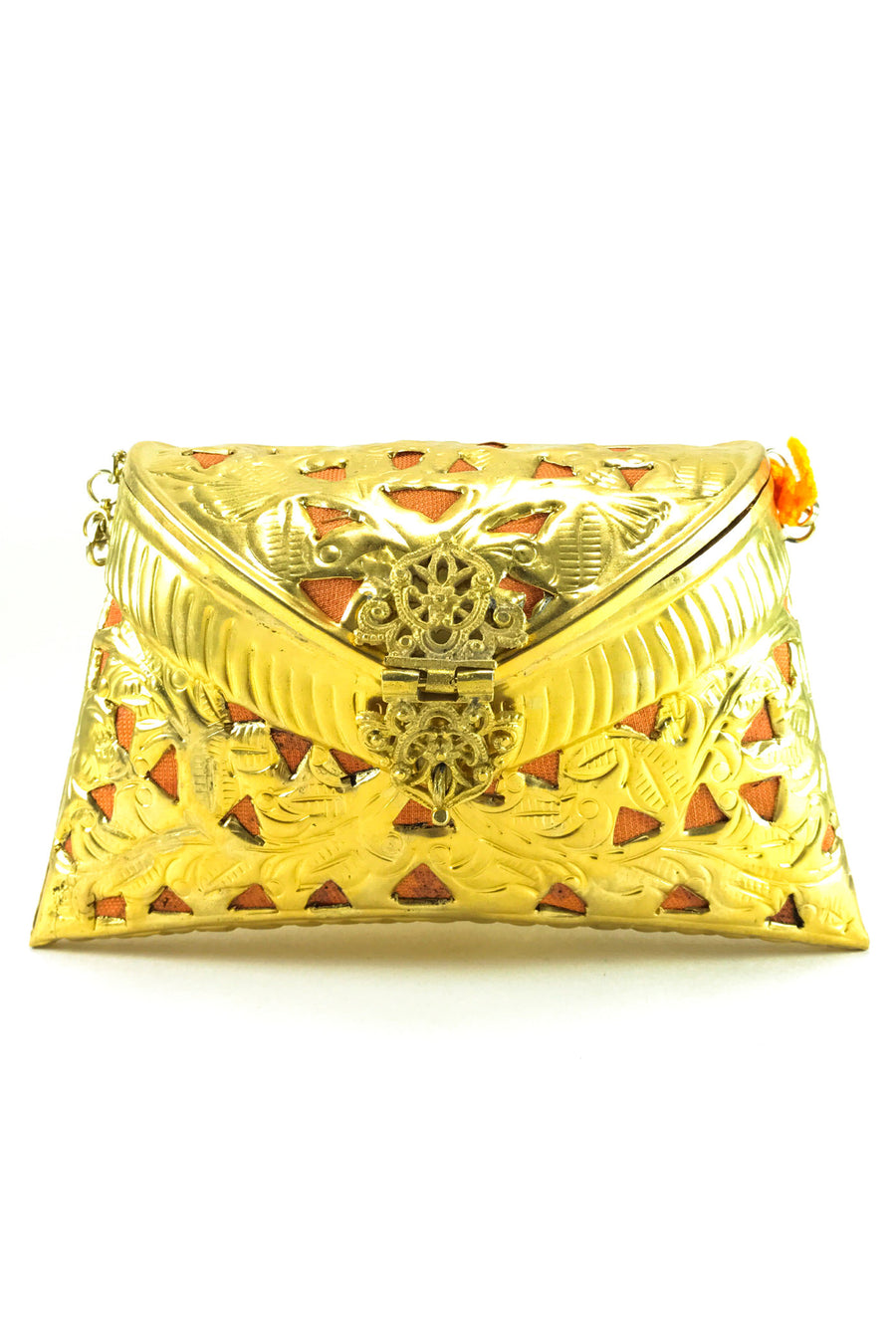 Gold Metal Clutch with orange Tassels - Desi Royale