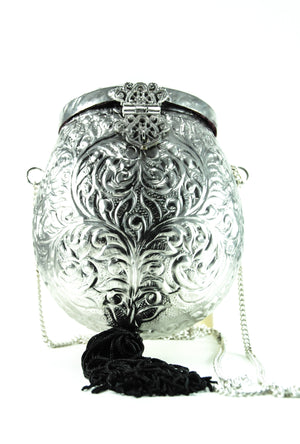 Silver Oval metal Clutch with Black Tassles - Desi Royale