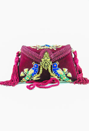 Burgundy Peacock Maharani brass clutch bag - Desi Royale