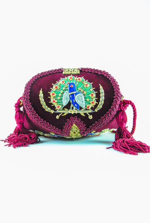 Burgundy Peacock Maharani brass clutch bag - Desi Royale