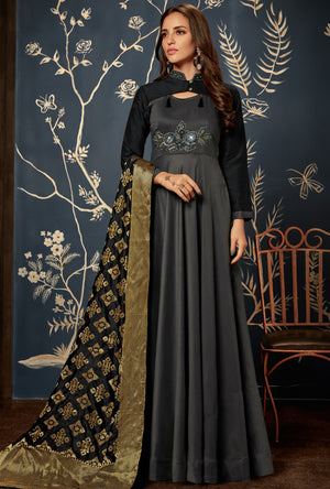 Steel Grey Anarkali Suit - Desi Royale