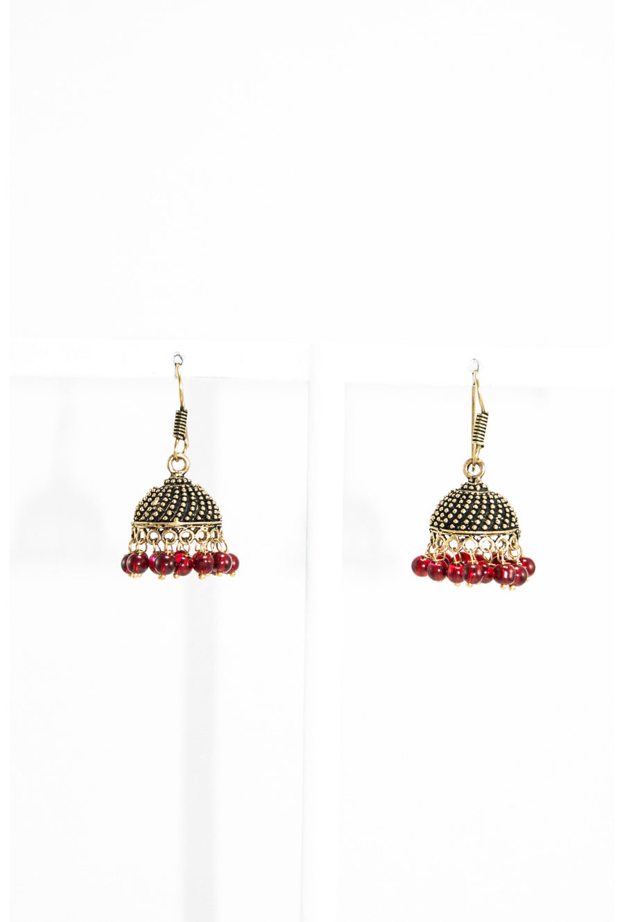 Gold domed earrings with maroon earrings - Desi Royale