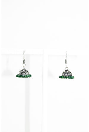 Black metal earrings with dark green beads - Desi Royale