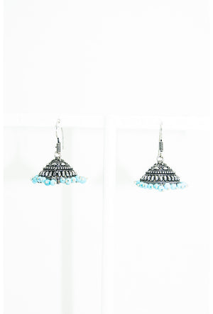 Black metal dome earrings with turquoise blue beads - Desi Royale
