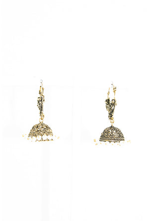 Jhumka gold metal earrings with pearls - Desi Royale