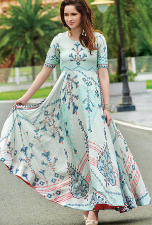 Light Cyan Digital Print Dress - Desi Royale