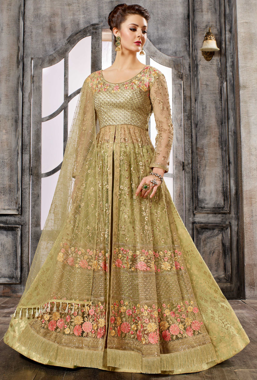 Abaya Style Indian Drashti Dhami Beige Embroidered Anarkali Suit Party Wear  - Balaji Emporium