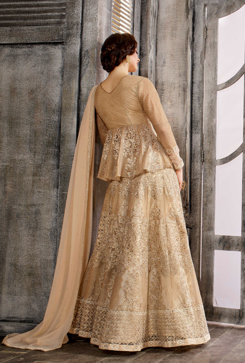 cream color anarkali dress Handmade White & Golden Lace Anarkali Gown: Indian Wedding Suit