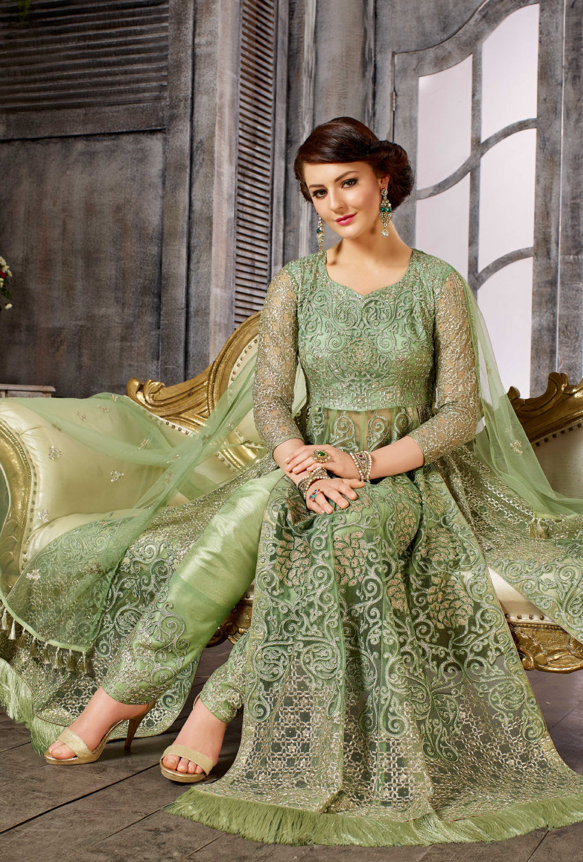 Green Taffeta Silk Embellished Detailing with Metallic Foil Print Anarkali  Gown | Partywear Gowns Online USA – Ria Fashions