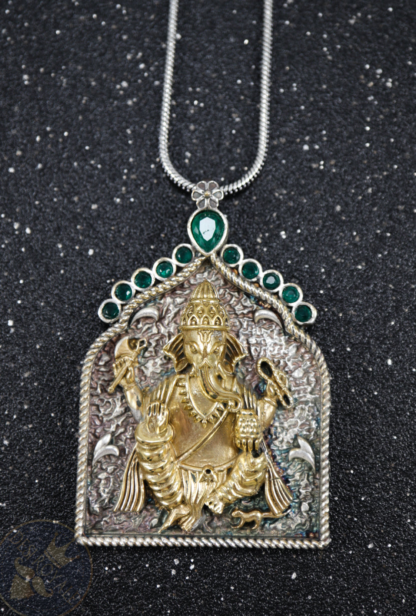 Ganesha Silver pendant with gemstones - Desi Royale