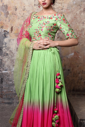 Shaded Green And Pink Designer Lehenga Set - Desi Royale