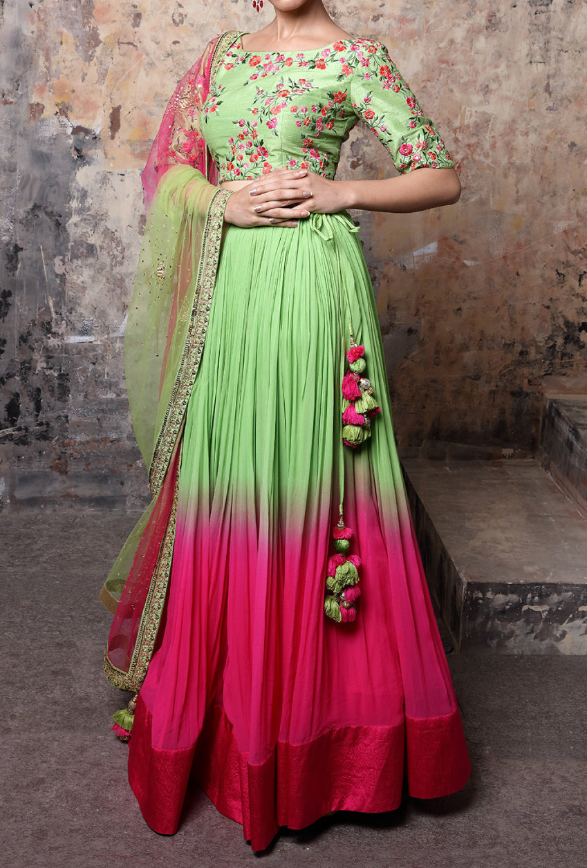 Shaded Green And Pink Designer Lehenga Set - Desi Royale