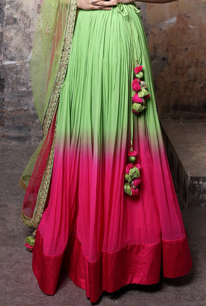 Shaded Green And Pink Designer Lehenga Set - Desi Royale