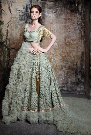 Green Ruffled Trail Lehenga - Desi Royale