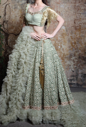 Green Ruffled Trail Lehenga - Desi Royale