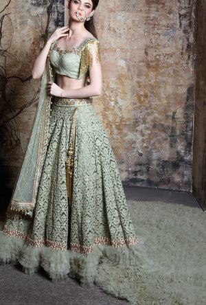 Green Ruffled Trail Lehenga - Desi Royale