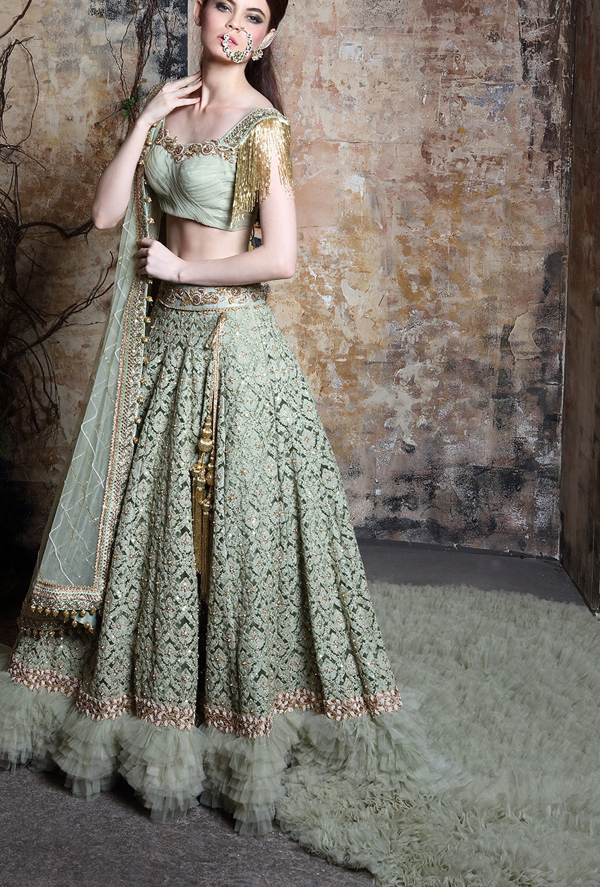 Green Ruffled Trail Lehenga - Desi Royale Green Ruffled Trail Lehenga - Desi Royale