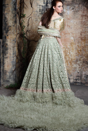 Green Ruffled Trail Lehenga - Desi Royale