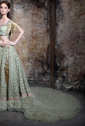 Green Ruffled Trail Lehenga - Desi Royale