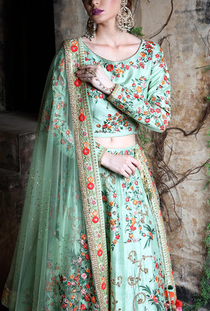 Pista Green Embroidered Bridal Lehenga - Desi Royale