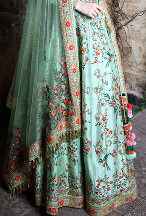 Pista Green Embroidered Bridal Lehenga - Desi Royale