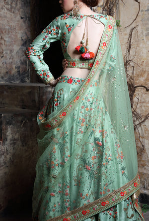 Pista Green Embroidered Bridal Lehenga - Desi Royale