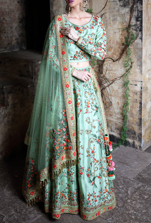 Pista Green Embroidered Bridal Lehenga - Desi Royale