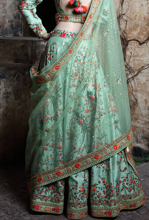 Pista Green Embroidered Bridal Lehenga - Desi Royale