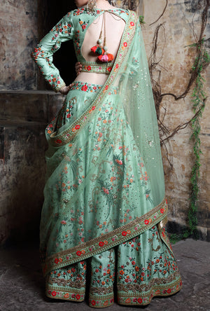 Pista Green Embroidered Bridal Lehenga - Desi Royale