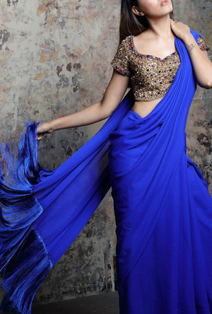 Royal Blue Tassel Saree - Desi Royale
