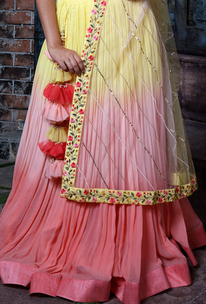 Yellow And Peach Shaded Lehenga Set - Desi Royale