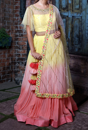 Yellow And Peach Shaded Lehenga Set - Desi Royale