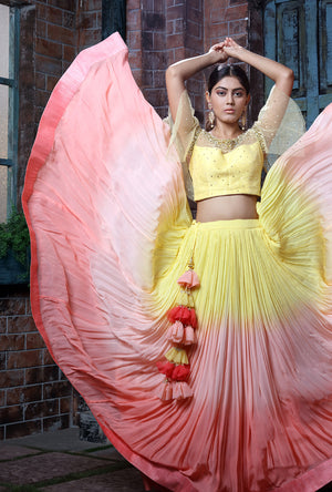 Yellow And Peach Shaded Lehenga Set - Desi Royale