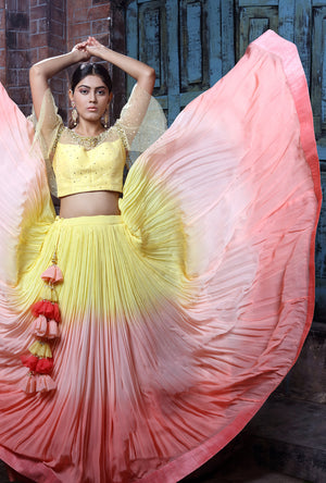 Yellow And Peach Shaded Lehenga Set - Desi Royale