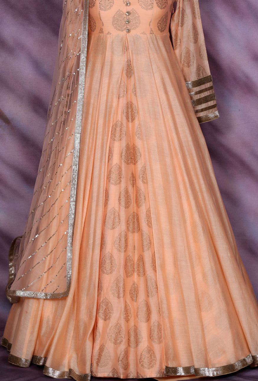 peach colour party wear dress Peach evening dress with 3D lace E2109