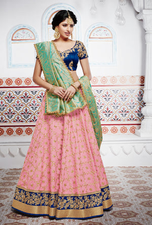 Pink and Blue Designer Party Wear Lehenga Set - Desi Royale