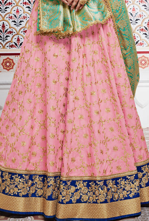 Pink and Blue Designer Party Wear Lehenga Set - Desi Royale