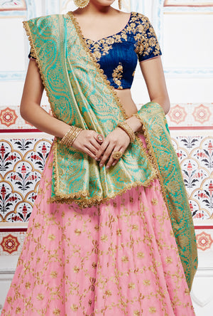 Pink and Blue Designer Party Wear Lehenga Set - Desi Royale