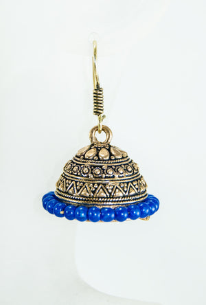 Gold metal earrings with blue beads - Desi Royale