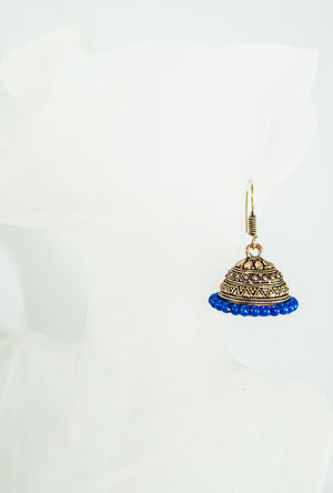 Gold metal earrings with blue beads - Desi Royale