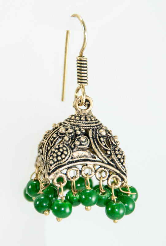 Gold metal earrings with green beads - Desi Royale