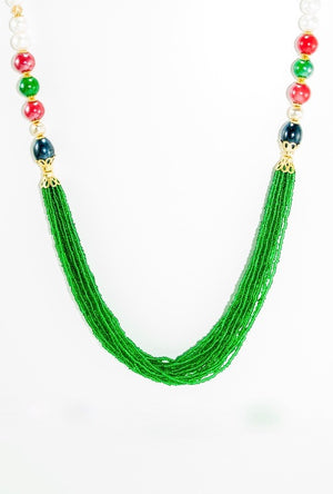 Piyali Necklace With Pearls,Red,Emerald And Black Beads - Desi Royale