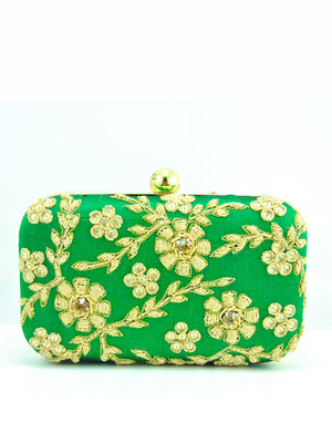 Green Zardozi Flower Clutch - Desi Royale