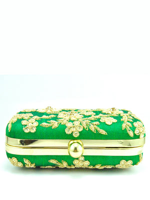 Green Zardozi Flower Clutch - Desi Royale