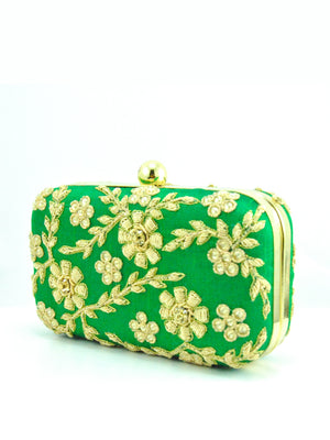 Green Zardozi Flower Clutch - Desi Royale