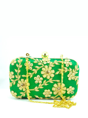 Green Zardozi Flower Clutch - Desi Royale