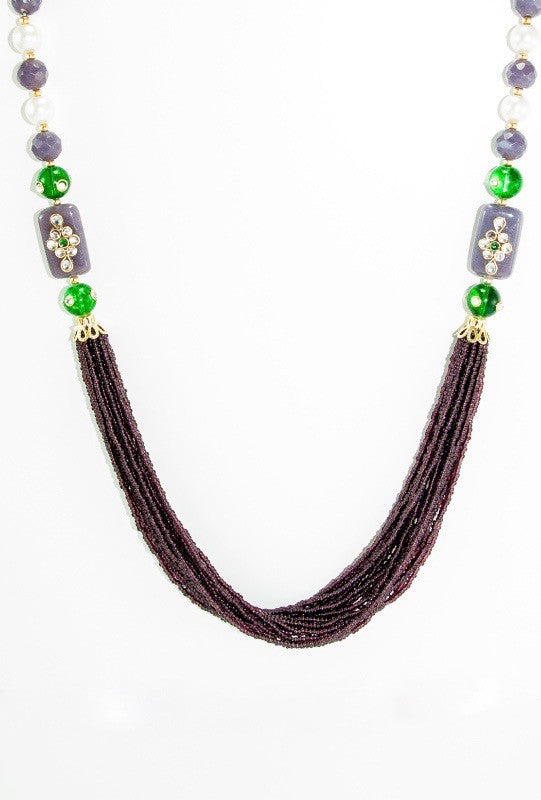 Imperial Necklace With Emerald,Purple And Pearl Beads - Desi Royale