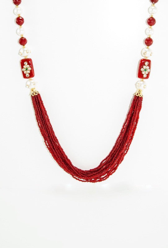 Ratnavali Necklace With Pearl And Ruby Beads - Desi Royale