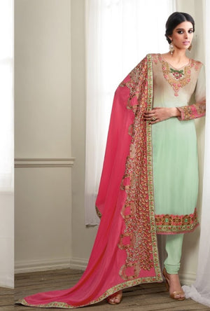 Green and pink designer indian suit with embroidered dupatta - Desi Royale